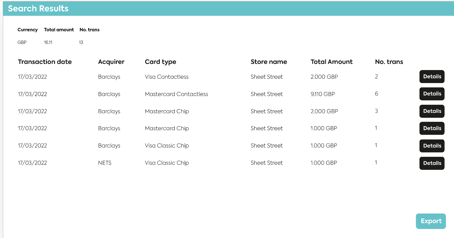 Display of transaction search results & ability to export